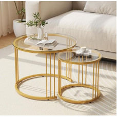 Garden 4 you Nesting Coffee Table, 23.6 Inch Round Coffee Table, Set of 2, Glass Nesting Table with Metal Frame, Ceter Tables for Living Room, Bedroom, Balcony, Gold