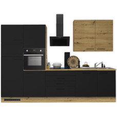 Laureen kaasaegne köögikapp ilma elektriseadmeteta, Artisan Oak Look, must, ruumikas, palju panipaiku pakkuv köök, 310 x 211 x 60 cm (B x K x S)