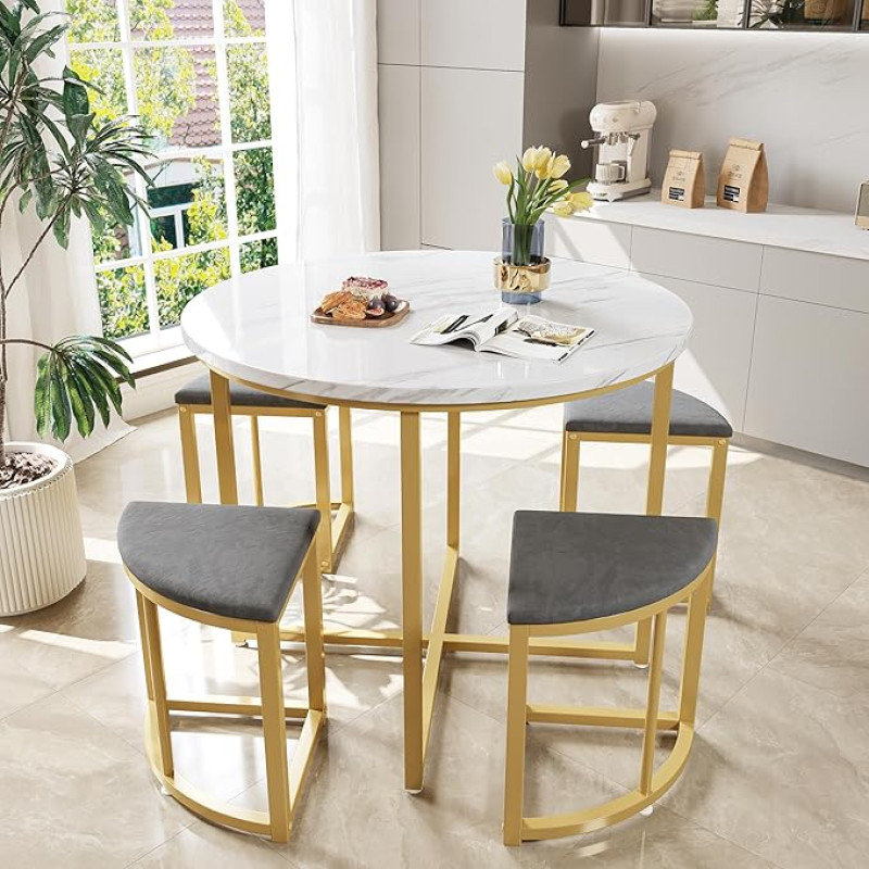 Rundes Esstisch-Set mit 4 Samtstühlen, 5-teilige MDF-Platte und goldenes Eisengestell, stilvolle Küche, Esszimmer, Möbel für 4 Personen, Grau, 80 x 80 x 75 cm