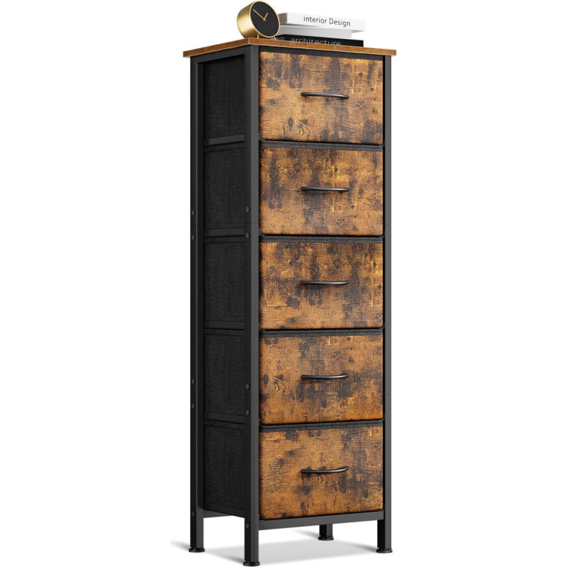 Coleshome kitsas sahtlitega kapp, väike kapp 5 sahtliga, riidest sahtliga, tugev terasraam, puidust ülemine osa, sobib magamistuppa ja elutuppa, Vintage