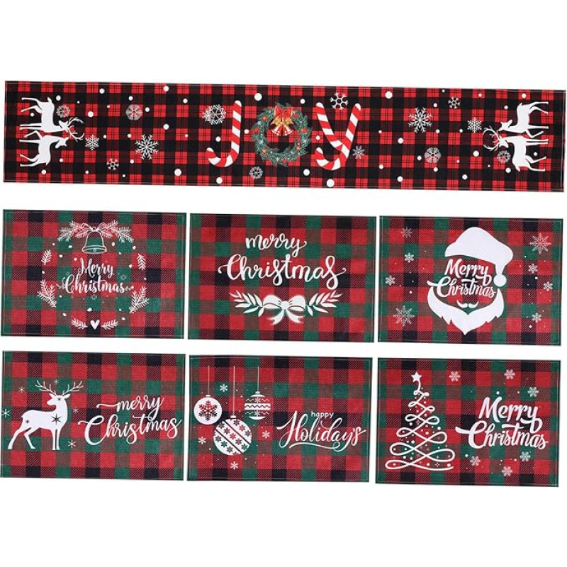 Cabilock 7-osaline jõululaua kaunistuskomplekt koos polüestrist lauajooksja ja kuumakindlate kohtade vaipadega Dekoratiivne ja mitmekülgne talvise piduliku söögitoa jaoks väljas toimuvateks pidustusteks