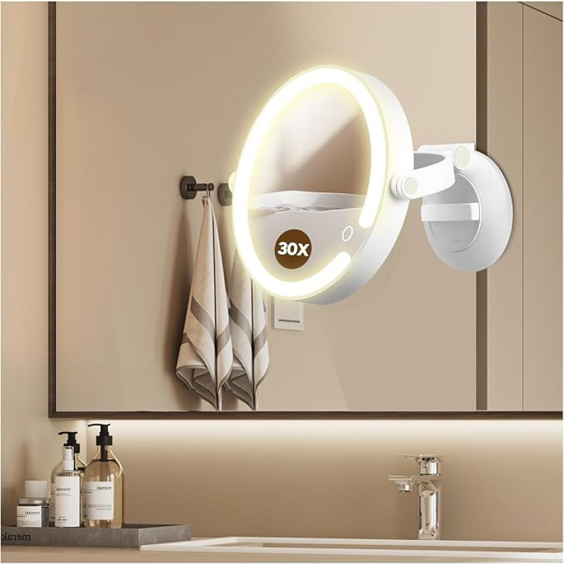 Suurendav peegel koos valgusega 30X, LED-vannitoa peegel 3 valgustusrežiimiga, 2-poolne 30x/1x pööramine seinale paigaldatud meigiprilli, laetav peegel koos tulede ja iminapaga vannitoa jaoks
