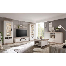 Lomadox Country House elutoa seinakomplekt koos kohvilaua ja küljeplaadiga, valge mänd ja Oslo tume Nb., sisaldab valgustust