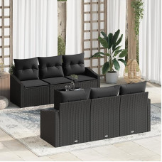Rantry 7-teiliges Garten Sofa Set mit Kissen Schwarz Poly-Rattan Gartenlounge Model3346613
