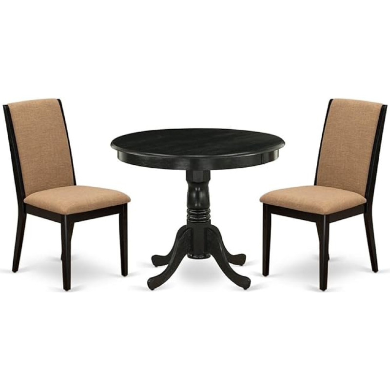 East West Furniture ANLA3-ABK-47 3-osaline söögitoa mööblikomplekt sisaldab ümmargune köögilaud koos alusega ja 2 parson söögitooli, mis on valmistatud kergest soobli linasest kangast, 36 x 36 tolli, must koos