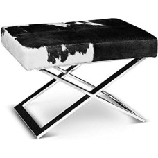 NEUERRAUM Stiilne lehmanahkne stool X-kujuliste roostevabast terasest jalgadega. Ehtne lehmanahk mustas ja valges värvitoonis.