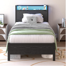 BORPHOM ühe voodiraam koos laadimisjaama ja LED-valgustusega, soliidne metallist voodiraam koos hoiuruumiga, ei vaja kastivedrust, tugev teraslattide tugi, müravaba, must