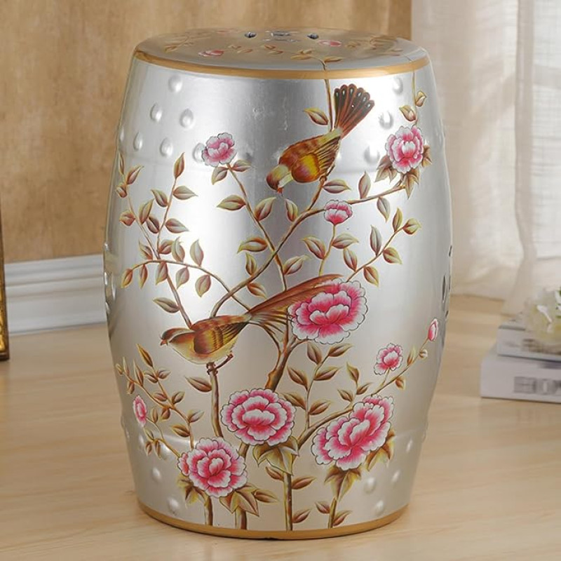 DIHRVTHC Dekoratiivne keraamiline aiatool - glasuuritud aktsent-tool elutuppa, rõdule, aeda, Hiina stiilis keraamiline tool, sobib ideaalselt sise- ja välitingimustes kasutamiseks (hõbedane lill)