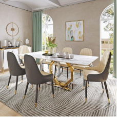 POVISON Söögilaud Modern White Faux Marble Rectangular Table Top Golden Hexagonal Legs, 140 cm 4 inimesele, lihtne paigaldus (ilma toolideta)