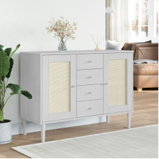 Qnhdfrt Sideboard kabinet Valge rotangi välimusega massiivne männipuit 112 x 40 x 80 cm 4 sahtli ja 4 kambriga elutuppa kööki esikusse