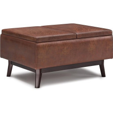 SIMPLIHOME Owen Owen Ottoman Square Tray Storage Cocktail Footrest Stool in Padded Saddle Brown Faux Leather Mid Century Modern
