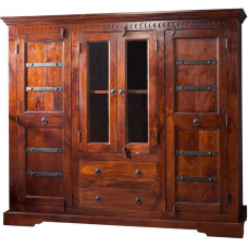 Massivmoebel24.de Oxford Solid Highboard Nougat, värvitud, akaatsia, 160 x 50 x 142 cm, 2 klaasuksega, 2 puidust uksega, 2 sahtliga, elutoa kapp, kõrge kapp