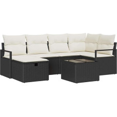 7-teiliges Garten-Sofa-Set mit Kissen Schwarzes Poly-Rattan, 2-Sitzer Garten-Sofa mit Stauraum & Kissen Schwarzes Poly-Rattan Gartenlounge Model3360518