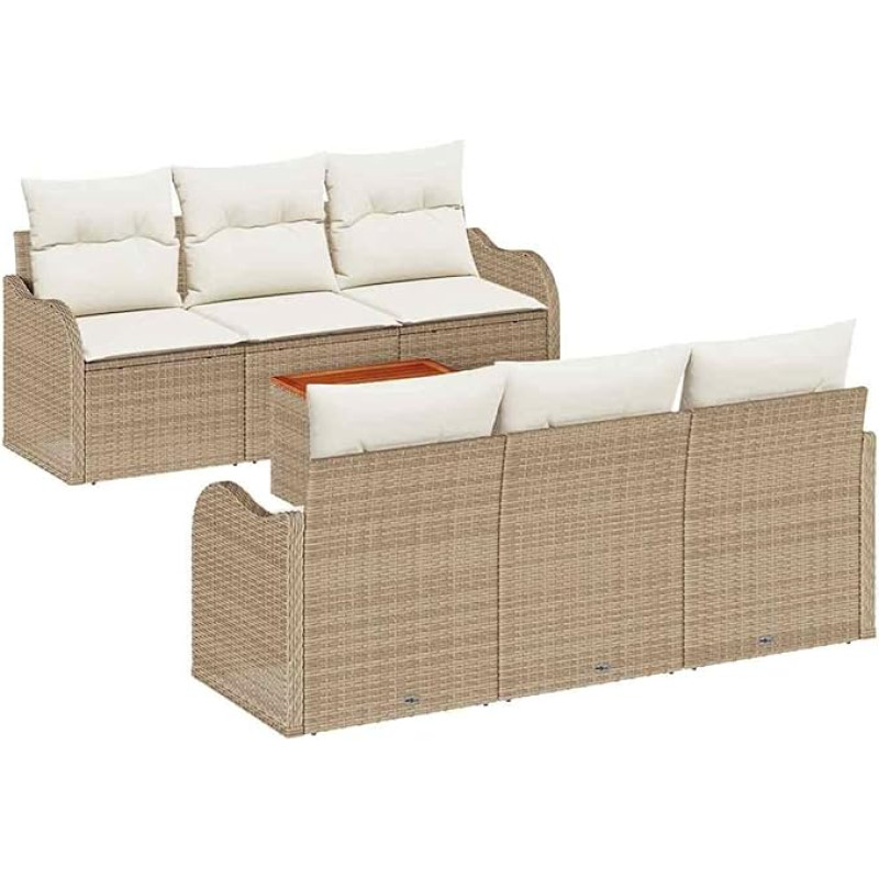 7-teiliges Garten-Sofa-Set mit Kissen Beige Poly Rattan Akazie, 2-Sitzer Garten-Sofa mit Kissen Beige Poly Rattan Gartenlounge Model3347400