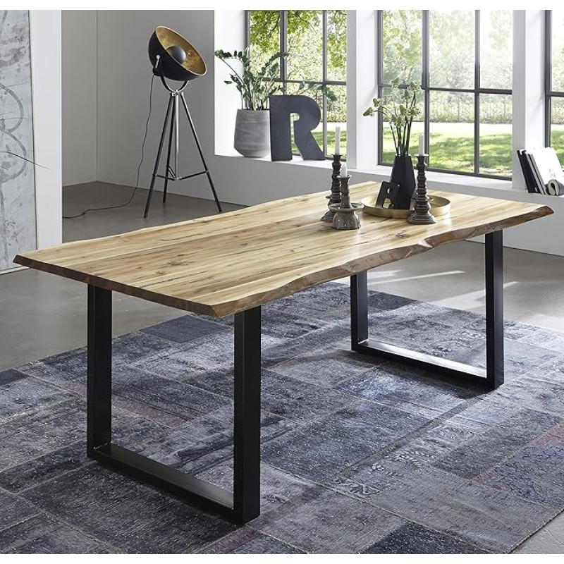 SAM Quintus Live Edge laud, ehtne puukant, massiivne akaatsiapuidust söögilaud metallist jalgadega, akaatsiapuu