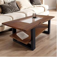 SAM Patrick kohvilaud riiuli ja klaasist lauaga, 115 x 65 cm, tahke akaatsiapuu + pähklipuu värvi, musta U-metallist raamiga küljelaud, ehtsa puukantiga.