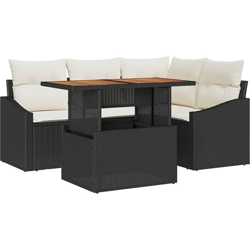 Rantry 5-teiliges Garten Sofa Set mit Kissen Schwarz Poly Rattan Gartenlounge Model3358567