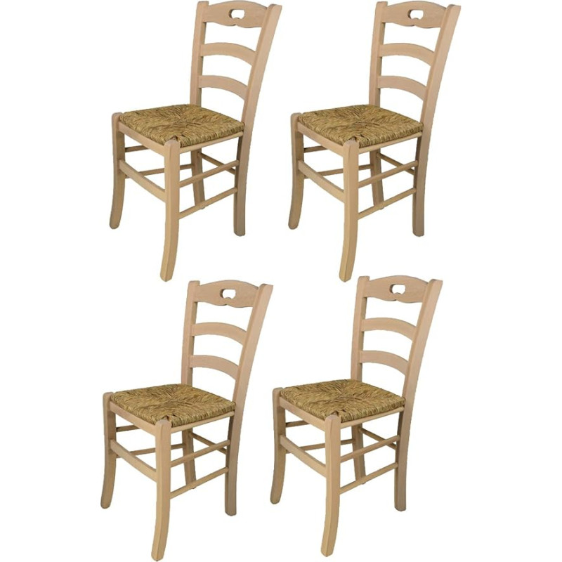 t m c s Tommychairs - 4 Savoie tooli komplekt köögi ja söögitoa jaoks, vastupidav struktuur poleeritud pöögipuidust, töötlemata ja 100% naturaalne, iste ehtsast õlgedest.