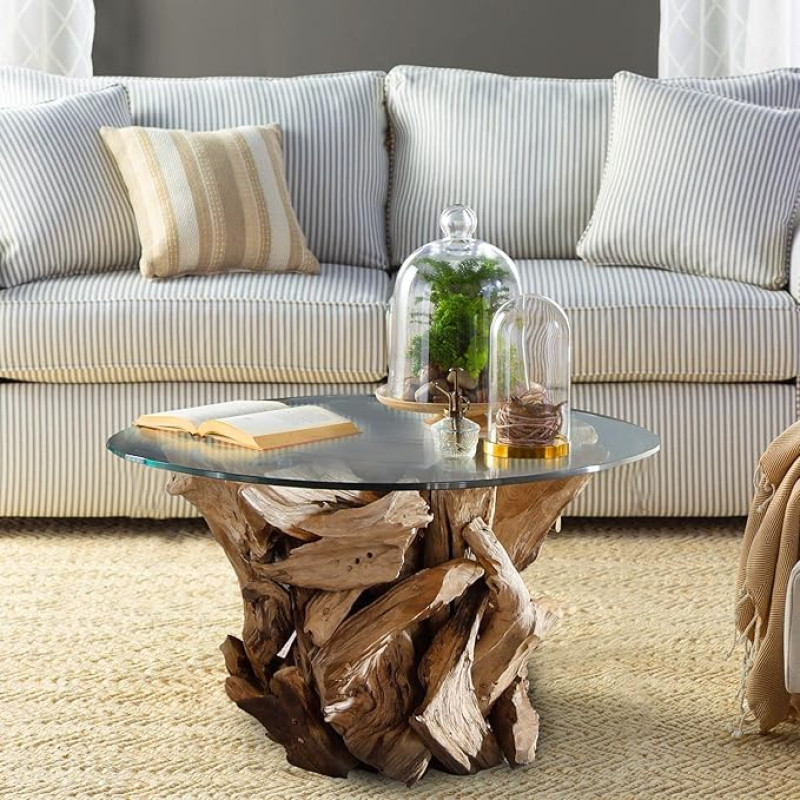 Bressmer IKAL Burl Wood kohvilaud läbimõõt 80 cm ümmargune - Klaaspinnaga tahke teakpuust laud - Käsitsi valmistatud triivpuust disainlaud - jätkusuutlik unikaalne elutuppa