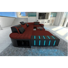 Bellagio U-kujuline riidest diivan elamusmaastik - LED-valgustusega, reguleeritavad peatuged, Chaise Longue / mikrofiiber / orientatsioon valitav (Osman vasakule, tumepunane/must C98)