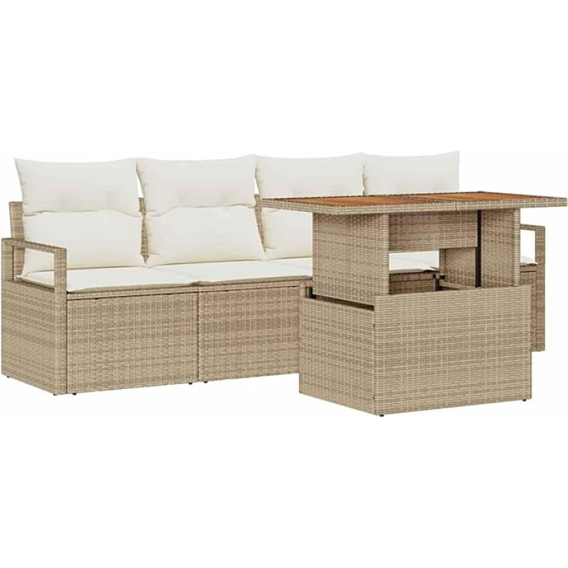Rantry 5-teiliges Garten Sofa Set mit Kissen Beige Poly Rattan Akazie, 2-Sitzer Garten Sofa mit Kissen Beige Poly Rattan Gartenlounge Model3349644
