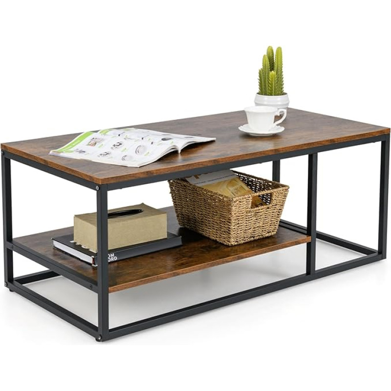 LIFEZEAL 2-tasandiline kohvilaud Ristkülikukujuline elutoa laud koos panipaigaga Elutoa laud metallraamiga tööstuslikus stiilis 105 x 50 x 42,5 cm Rustikapruun