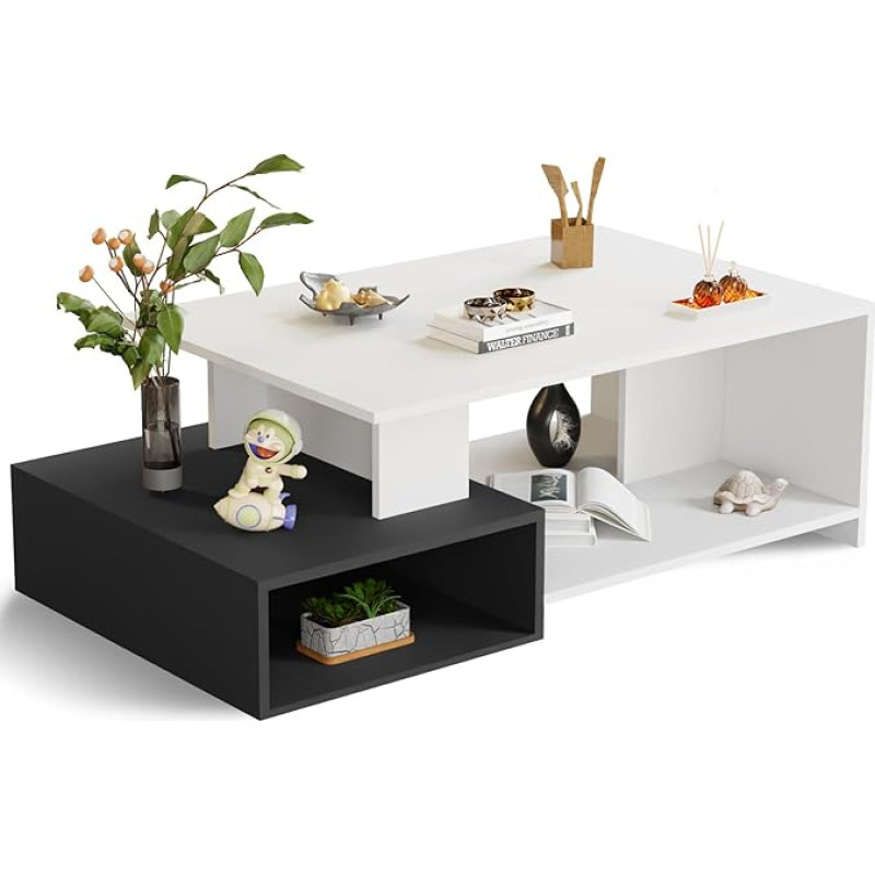 ROYGBIV kohvilaud, elutoa laud, kohvilaud avatud panipaigaga, diivanilaud, valge ja must, kohvilaud puidust, 108 x 60 x 36 cm (pikkus x sügavus x kõrgus)