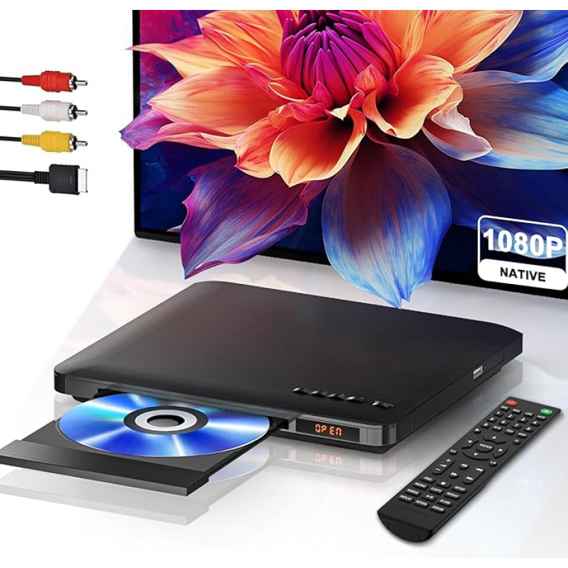 DVD-mängija telerile HDMI RCA väljundiga, kõik piirkondlikud DVD-mängijad mälu taasesitusega, HD 1080P Upscaling, USB sisend, integreeritud NTSC/PAL süsteem, HDMI RCA kaabel ja kaugjuhtimispult kaasas