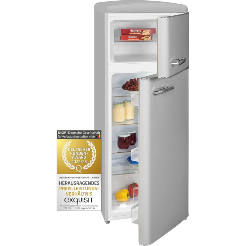 Exquisit Retro Fridge RKGC270-45-H-160E Grey, 206 L Volume, Retro Fridge with Freezer Freestanding, Door Shelves & Glass Shelves, LED Light