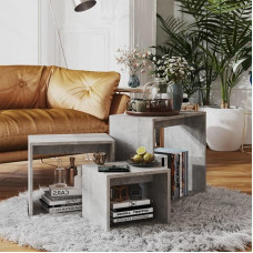 3 betoonhalli puidust komposiitlaudade komplekt - kaasaegne pesitsuslaudade komplekt väikestele ruumidele, ruumi säästvad küljelauad betoonhalli viimistlusega, virnastatav elutoa- ja magamistoamööbel, sisaldab 3 tükki