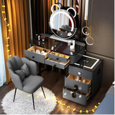 Schminktisch mit Schubladen & beleuchtetem Spiegel - Komplettset mit gepolstertem Hocker & Beistellschrank für Damen & Mädchen Wohnzimmer (Grau, 82 x 42 x 78 cm)
