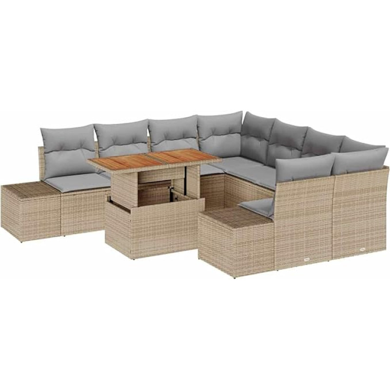 Rantry 9-teiliges Garten-Sofa-Set mit Kissen Beige Poly Rattan Gartenlounge Model3358681