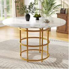 Merax ümmargune söögilaud, 100 cm, kaasaegne köögilaud 4-6 inimesele, söögilaud elutuppa, söögituppa, kontorisse, metalljalgade kuldne modelleerimine, lauaplaat marmoreeritud MDF-ist