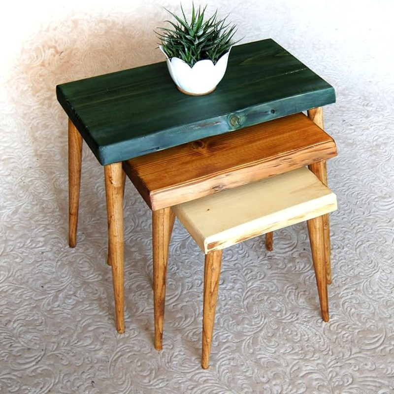 Massivholz 3-teiliges Nisttisch-Set - Rustikale handgefertigte Beistelltische aus Holz für Wohnzimmer, Couchtische & platzsparende Möbel