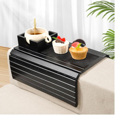 Joy&Grace diivanil käetoe kandik suure tassihoidjaga, bambusest diivanil käetoe kandik, libisemiskindel diivanil joogihoidja, kokkupandav diivanil käetoe laud söömiseks, joomiseks, mobiiltelefoniks (värv : must)