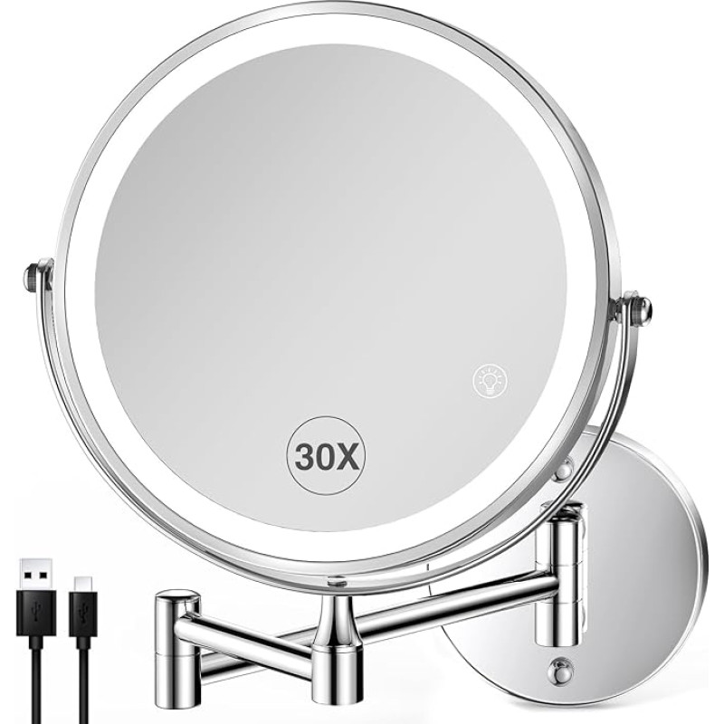 VORREMIRR 30x suurendusega LED-seinale paigaldatav edevuspeegel USB-laadimisvõimalusega kroom