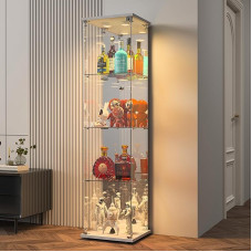 BPKADHY klaasist vitriinkapp, seisev vitriinkapp, 4 kihiline klaasist vitriinkapp, 1 uks, LED lamp ja lukk koos peegli tagaseinaga, klaasist vitriinkapp, seisev, elutoa kabinet jaoks