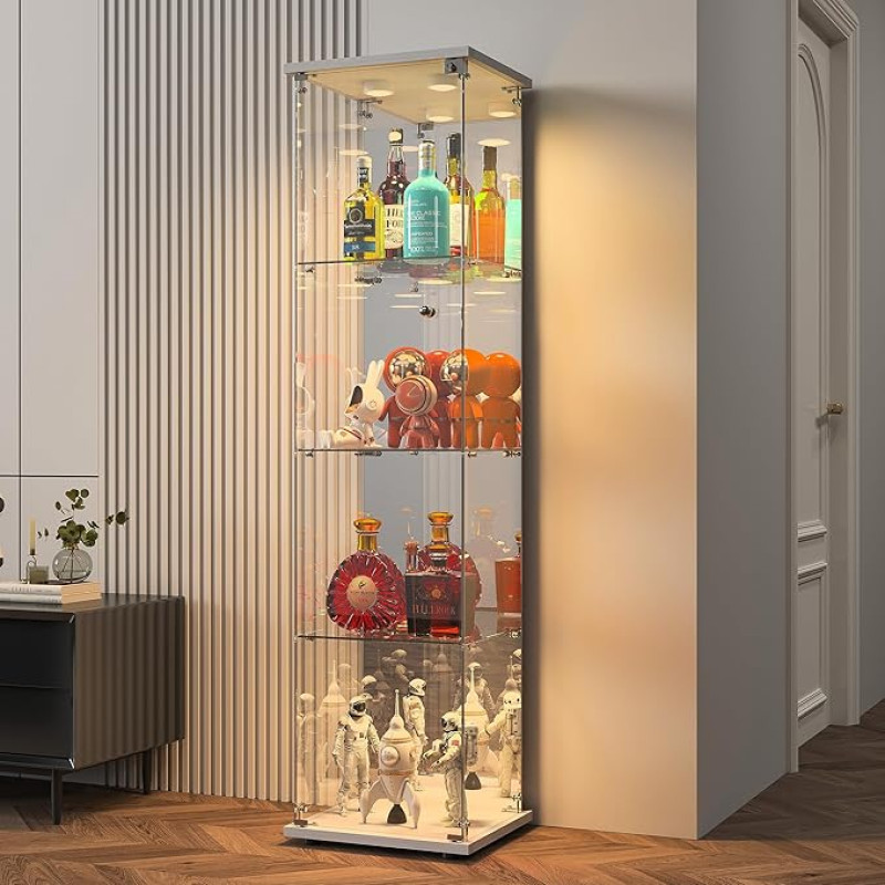 BPKADHY klaasist vitriinkapp, seisev vitriinkapp, 4 kihiline klaasist vitriinkapp, 1 uks, LED lamp ja lukk koos peegli tagaseinaga, klaasist vitriinkapp, seisev, elutoa kabinet jaoks