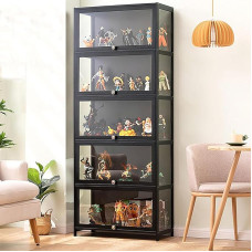 FERFXN vitriin, uudishimu kabinetid klaasist ustega, klaasist vitriinkapp, bambusest hoiukapp, kollektsiooni väljapanek, turvaline ja tervislik, 80 x 32 x 172 cm, must