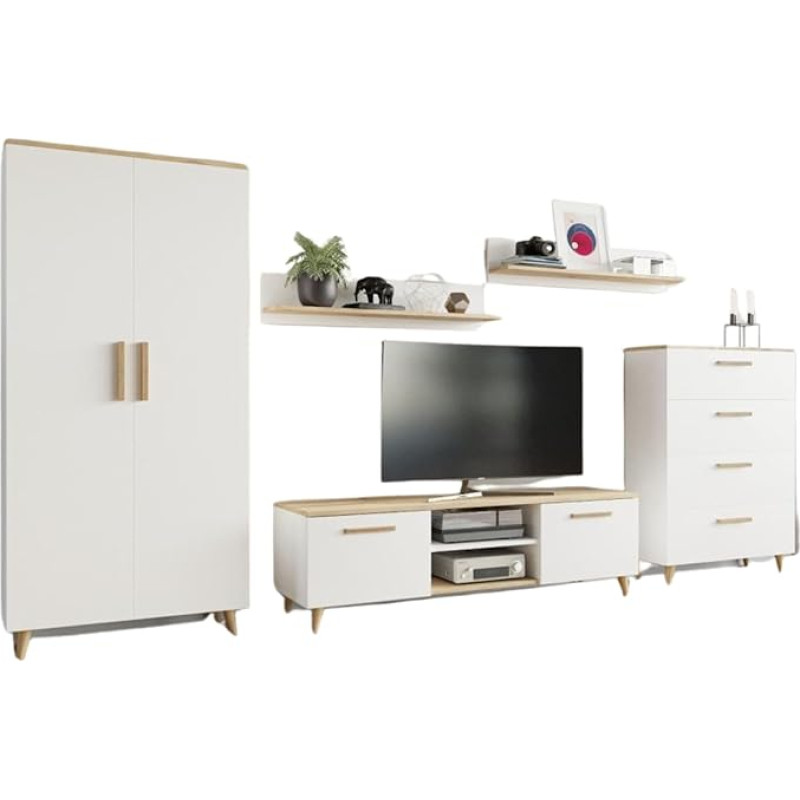 Per la vita Nord 2 Valge/Artisan garderoobikapp - kaasaegne elutoa mööblikomplekt koos sahtli, garderoobikapi, TV-kapi ja 2 seinariiuliga pakkumine - kabinetisein elutuppa ja teismeliste tuppa