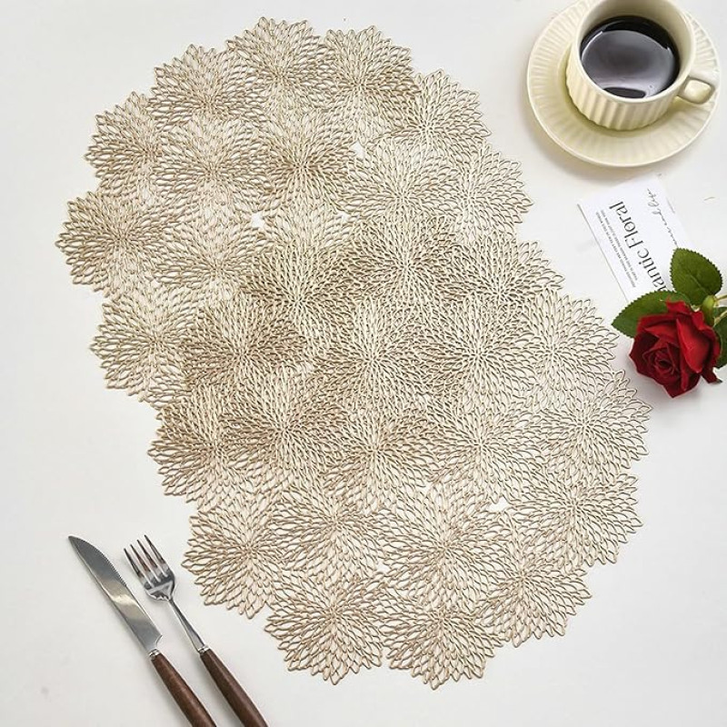 Tischset 4 Stück, Blumenmuster Platzset Modern, Tischset für Küchen Zuhause Esszimmertisch, Gold, 38cm