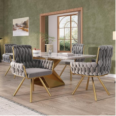 ModernLuxe Sametist söögitoolid 4-st pöörlevast toolist koos 360° funktsiooniga, luksuslik tugitool elutuppa ja magamistuppa, hall sametkate, metalljalad, kaasaegsed käetoed