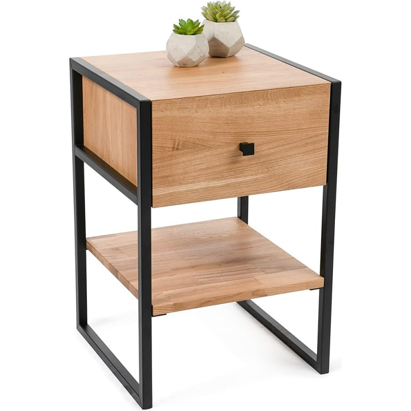 M2 Kollektion Bolzano 1 küljelaud massiivsest metsatammest ja metallist, 40 x 60 x 40 cm, sahtli ja riiuliga, tööstuslik disain, vastupidav, kergesti puhastatav ja mitmekülgne