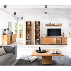 Elutoa mööblikomplekt, 6-osaline, osaliselt massiivne tammepuust küljepaneel, kohvilaud, 2 vitriinkappi, seinariiul, madallaud, sisaldab valgustust.