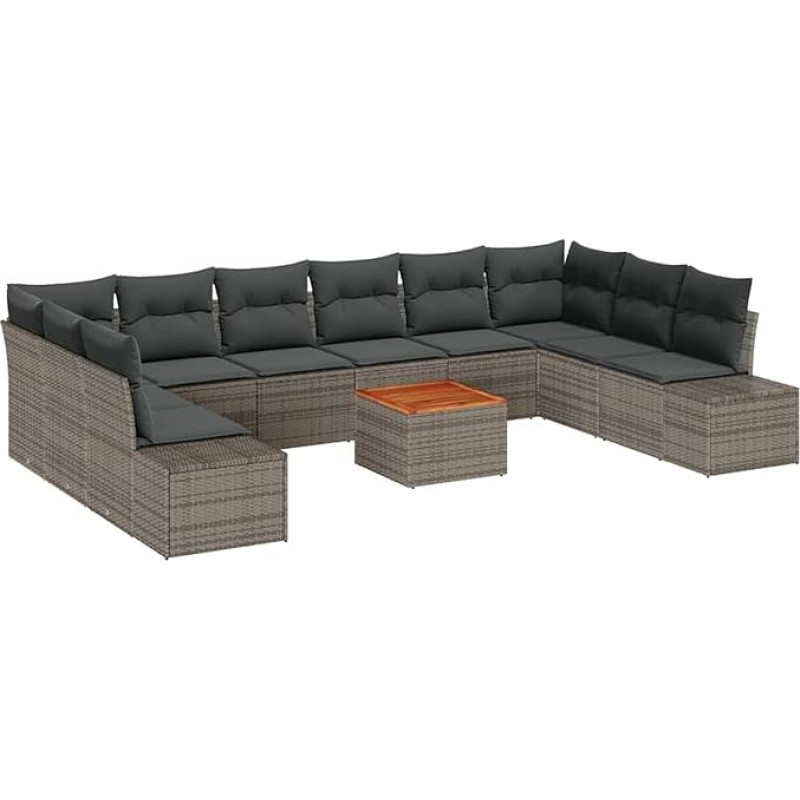 Rantry 11tlg. Garten-Sofa-Set mit Kissen Grau Poly Rattan Akazie Gartenlounge Model3348007