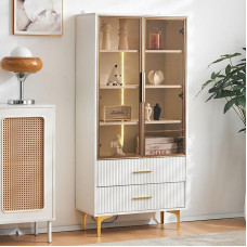 KSFASHZ Klaasist vitriinkapp LED-valgusega, vabalt seisev vitriinkapp 2 klaasukse ja 2 sahtliga - 70 x 35 x 150 cm valge seisev vitriinkapp kuldsete jalgade ja käepidemetega