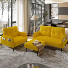 Cord komplekt 3 tugitooli + väljaheide + 2-kohaline diivan küljetasku terastoru raami ja ekstra pehme seljatoega sügav iste modulaarne kombineeritav elutuppa sinepikollane