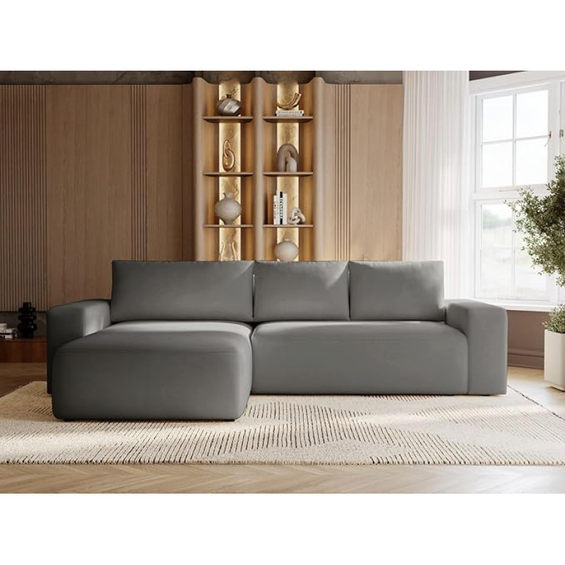 GRAINGOLD Tazones nurgadiivan magamisfunktsiooniga ja voodikastiga 250 x 165 cm, L-kujuline diivan hoiuruumiga, diivanvoodi elutuppa, veluur, 3-kohaline nurgadiivan, kaasaegne disain (tumehall, vasakpoolne)