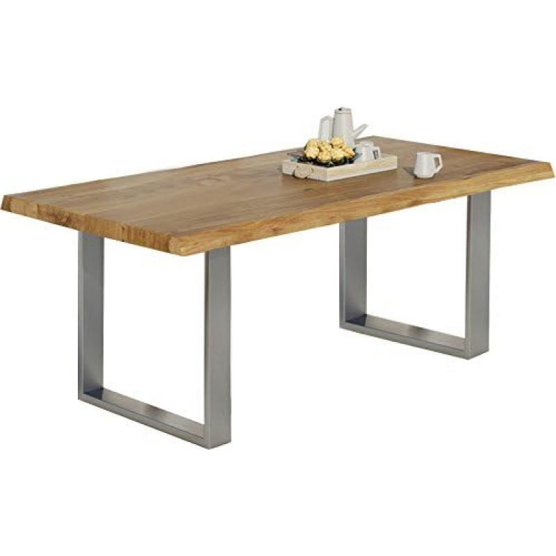 Söögilaud massiivne tammepuust servaga 200 x 100 cm Kroomitud U-profiiliga jalad