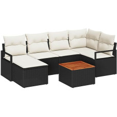 7-teiliges Garten-Sofa-Set mit Kissen Schwarz Poly-Rattan Akazie, 2-Sitzer Garten-Sofa mit Stauraum & Kissen Schwarz Poly-Rattan Gartenlounge Model3356395